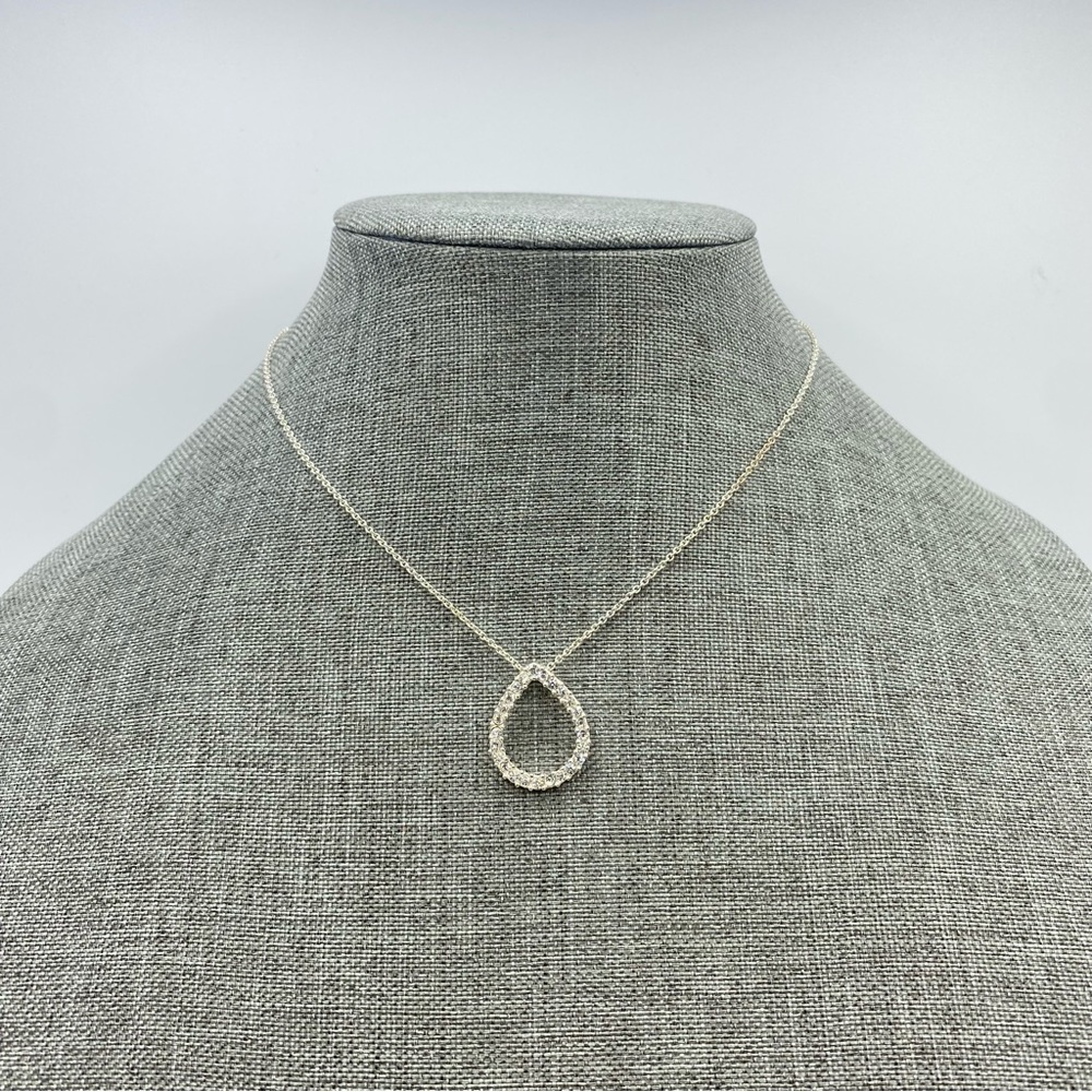 Silver Tone Open Teardrop Rhinestone Pendant Necklace Bling Openwork Dainty Prom